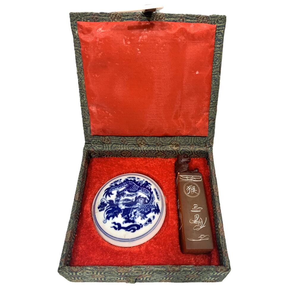 Vintage Chinese Soap Stone Ink Stamp Cassie with Case